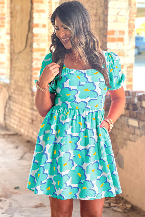 Teal Floral Tie Back Dress (Preorder)