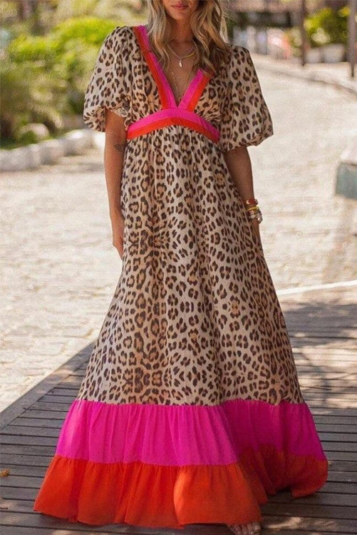 Color Block Leopard Printed Maxi Dress (Preorder)