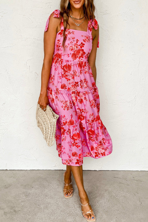 Tie Strap Floral Printed Midi Dress (Preorder)