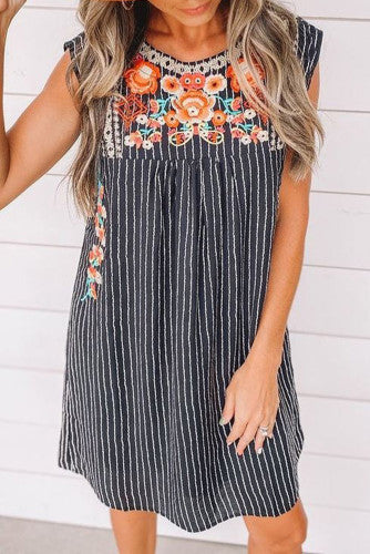 Embroidered Striped Dress (Preorder)