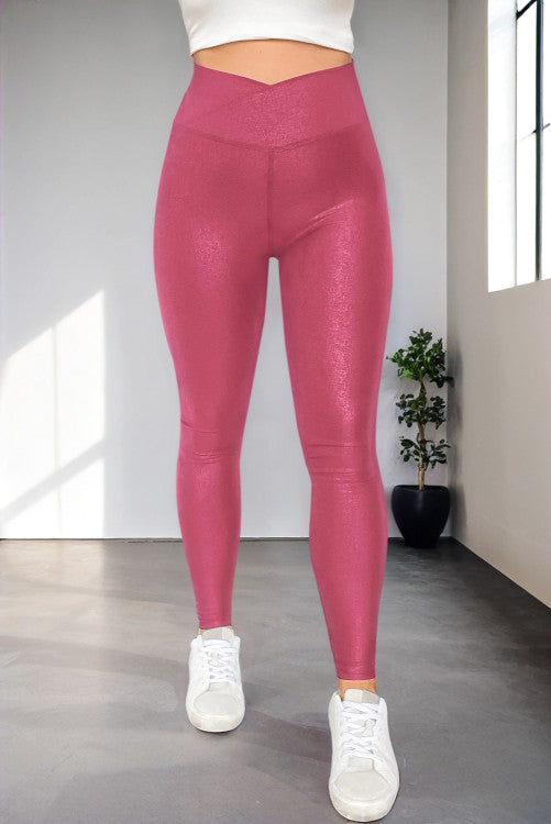 Pink Crossed Dip Waist Sleek Leather Leggings (Preorder)